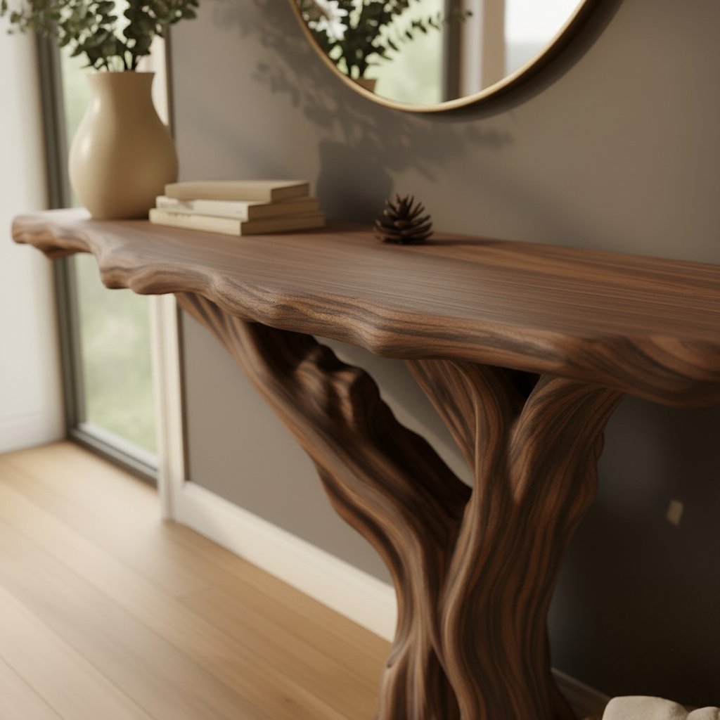 Solid Wood Console Table with Twisting Tree-Branch Legs and Live-Edge Top for Entryway