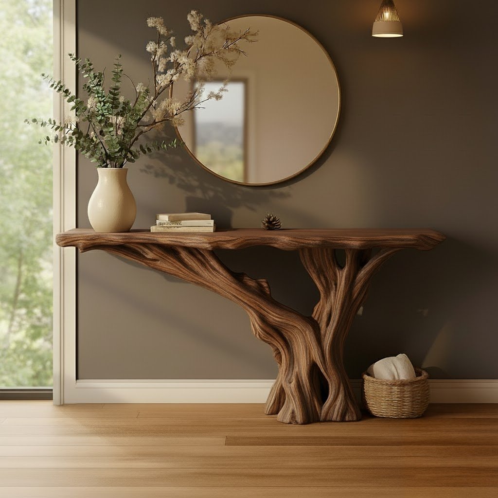 Solid Wood Console Table with Twisting Tree-Branch Legs and Live-Edge Top for Entryway