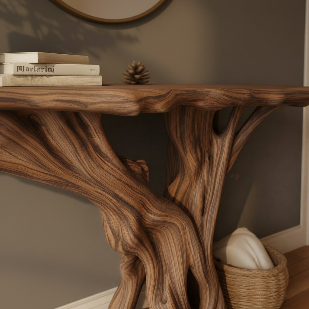 Solid Wood Console Table with Twisting Tree-Branch Legs and Live-Edge Top for Entryway