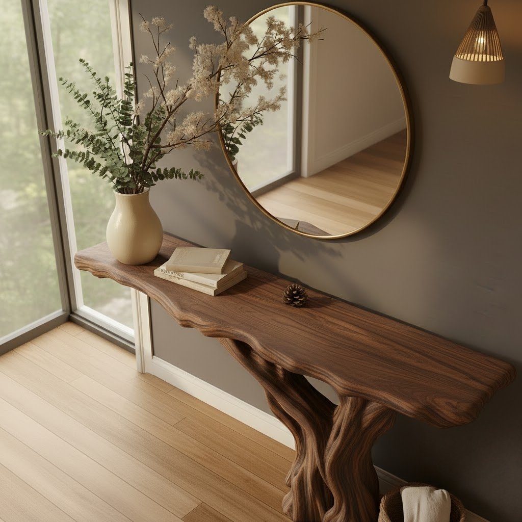 Solid Wood Console Table with Twisting Tree-Branch Legs and Live-Edge Top for Entryway