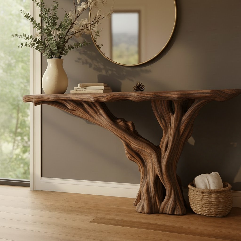 Solid Wood Console Table with Twisting Tree-Branch Legs and Live-Edge Top for Entryway