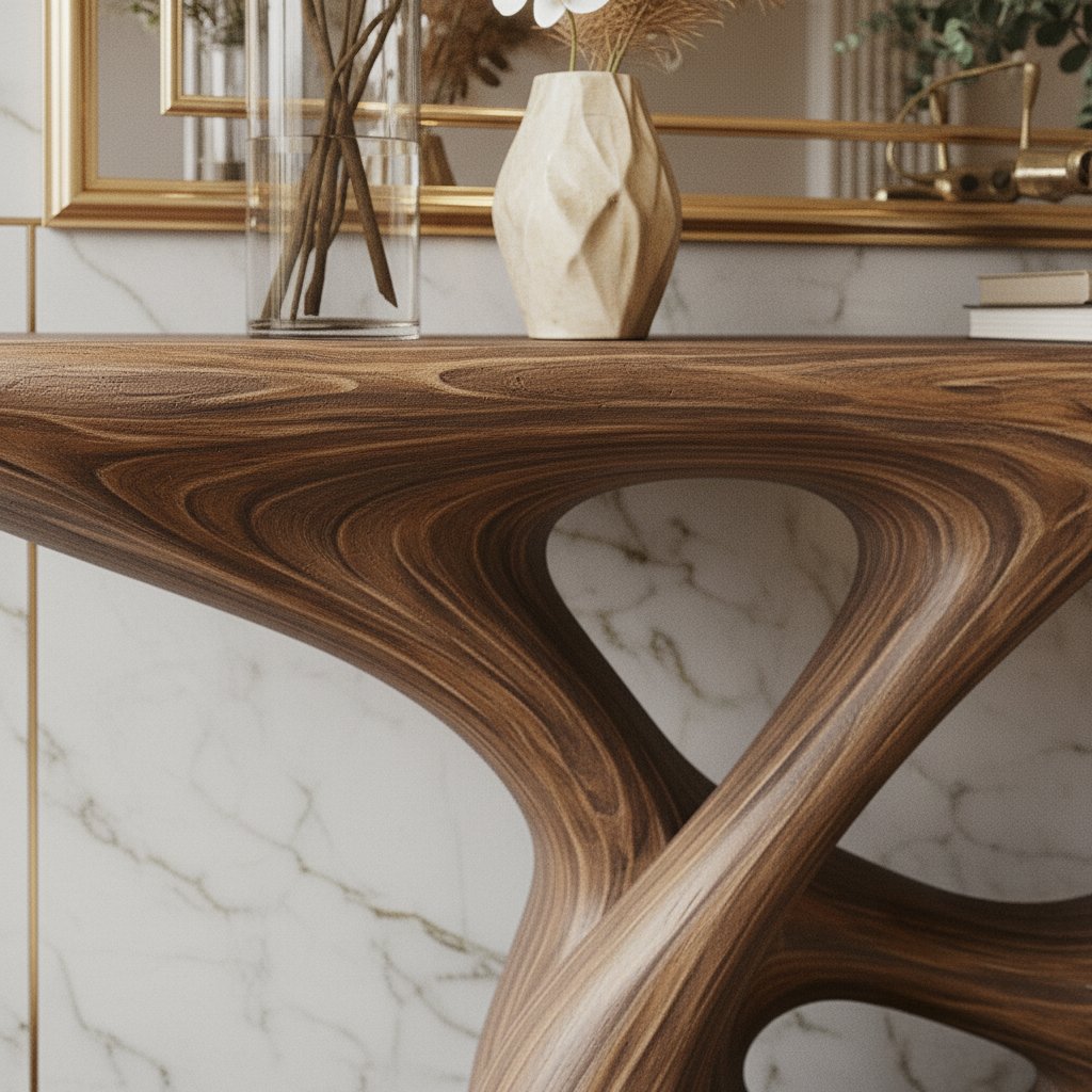 Solid Wood Console Table Organic Swirl Base Live-Edge Entryway Hallway