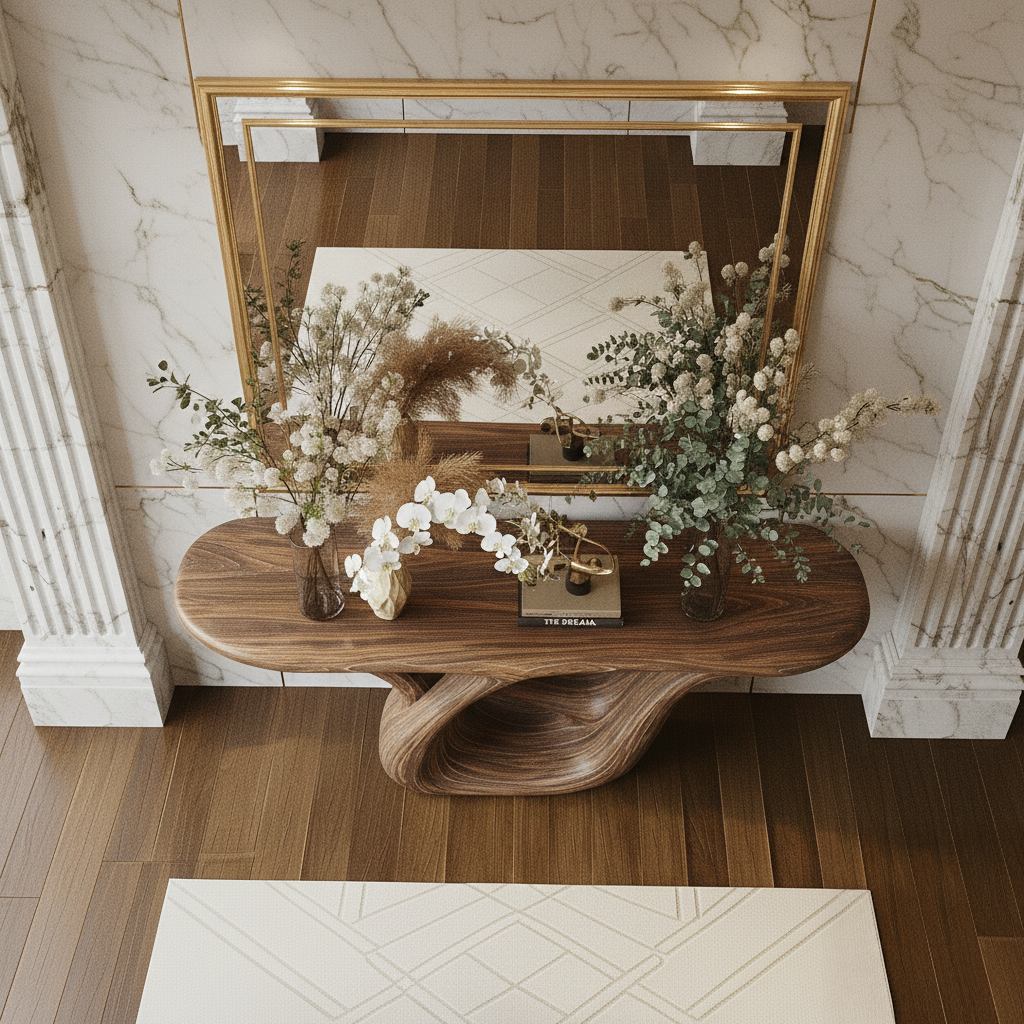 Solid Wood Console Table Organic Swirl Base Live-Edge Entryway Hallway