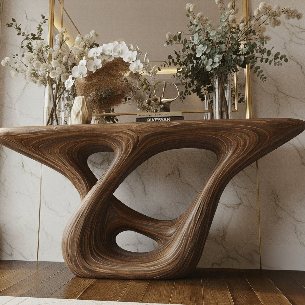 Solid Wood Console Table Organic Swirl Base Live-Edge Entryway Hallway