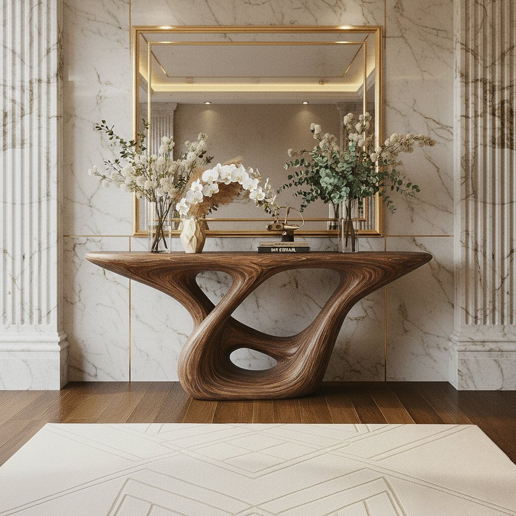 Solid Wood Console Table Organic Swirl Base Live-Edge Entryway Hallway