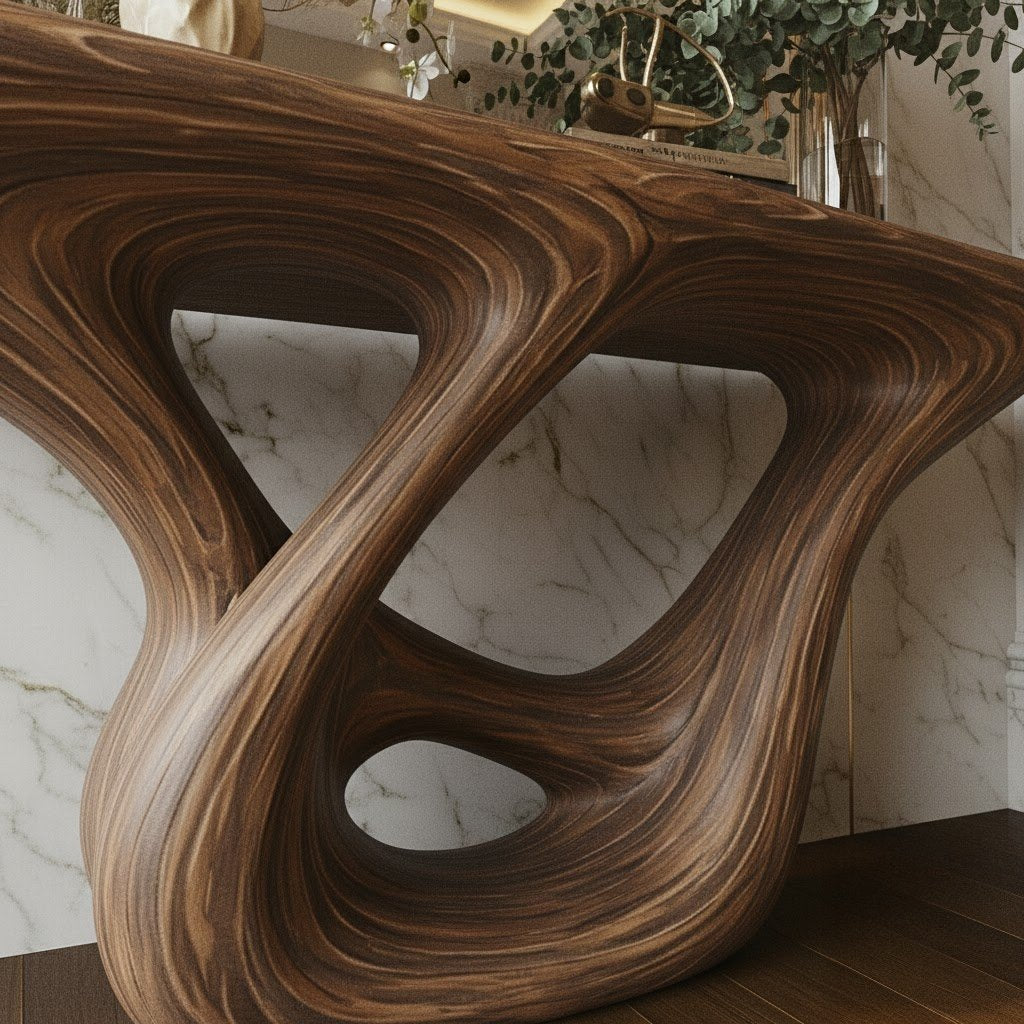 Solid Wood Console Table Organic Swirl Base Live-Edge Entryway Hallway