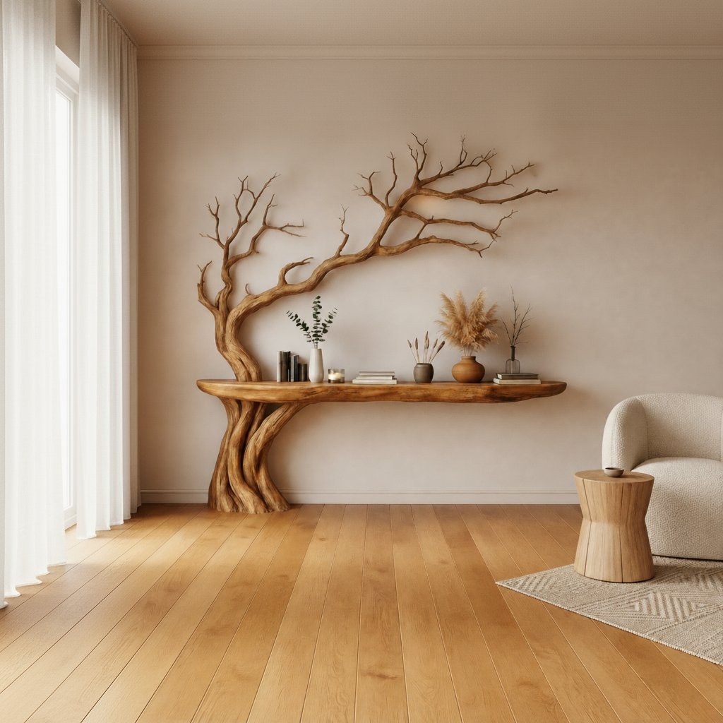 Solid Wood Console Table Bare Tree-Branch Base with Floating Live-Edge Top for Entryway