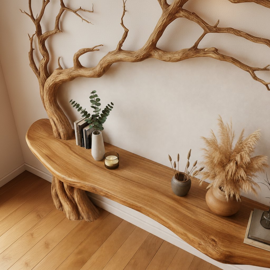 Solid Wood Console Table Bare Tree-Branch Base with Floating Live-Edge Top for Entryway