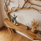 Solid Wood Console Table Bare Tree-Branch Base with Floating Live-Edge Top for Entryway