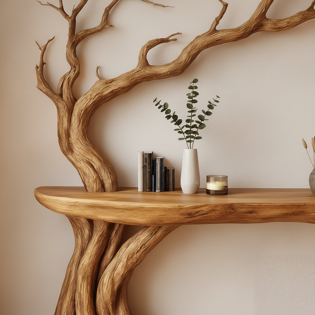 Solid Wood Console Table Bare Tree-Branch Base with Floating Live-Edge Top for Entryway
