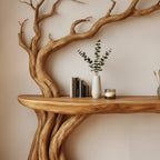Solid Wood Console Table Bare Tree-Branch Base with Floating Live-Edge Top for Entryway