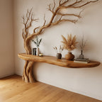 Solid Wood Console Table Bare Tree-Branch Base with Floating Live-Edge Top for Entryway