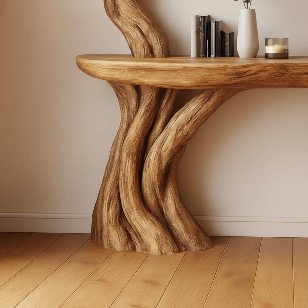 Solid Wood Console Table Bare Tree-Branch Base with Floating Live-Edge Top for Entryway