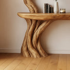 Solid Wood Console Table Bare Tree-Branch Base with Floating Live-Edge Top for Entryway