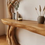 Solid Wood Console Table Bare Tree-Branch Base with Floating Live-Edge Top for Entryway