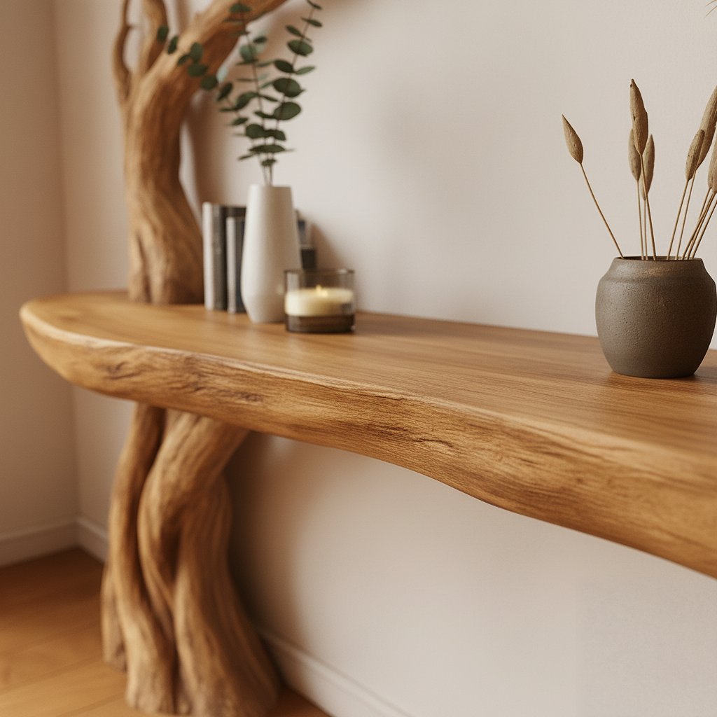 Solid Wood Console Table Bare Tree-Branch Base with Floating Live-Edge Top for Entryway
