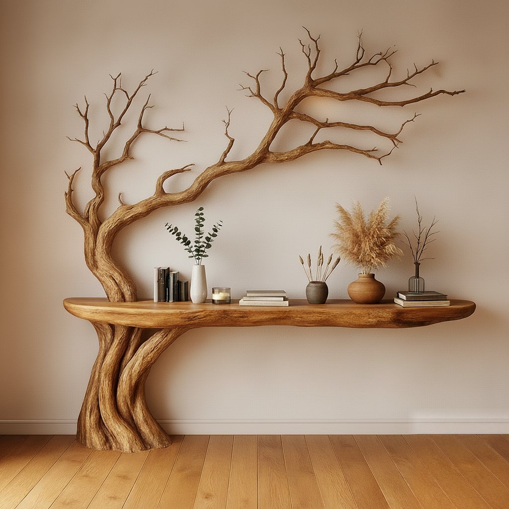 Solid Wood Console Table Bare Tree-Branch Base with Floating Live-Edge Top for Entryway