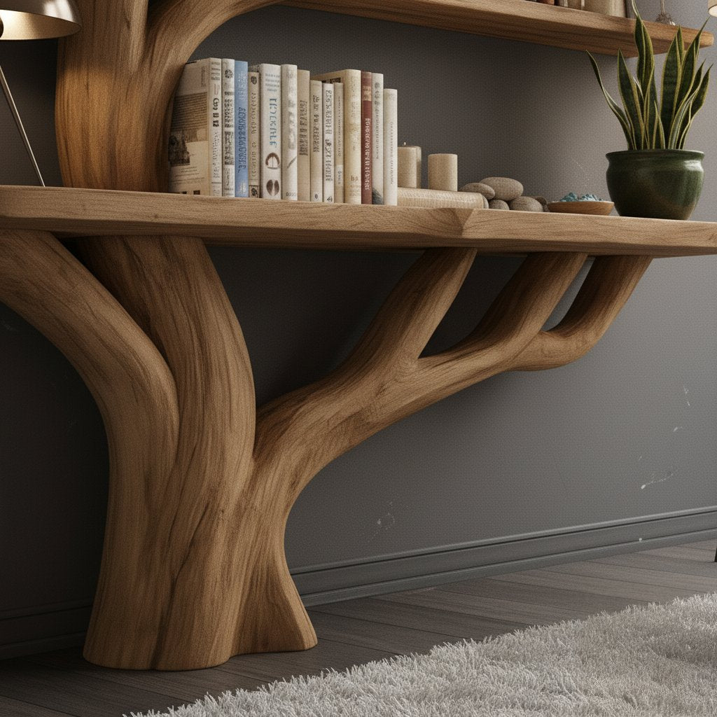 Solid Wood Console Table Tree-Trunk Base with Branching Supports for Living Room
