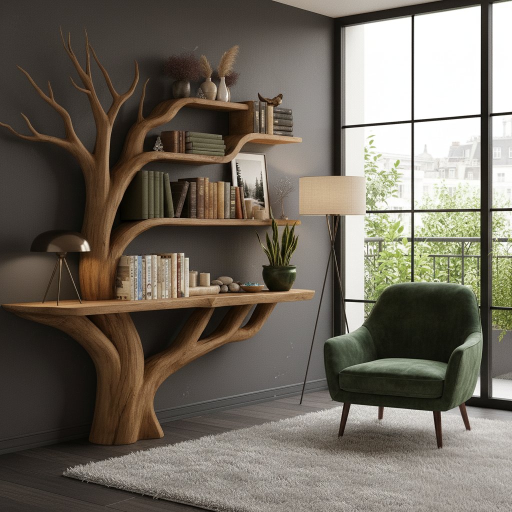 Solid Wood Console Table Tree-Trunk Base with Branching Supports for Living Room