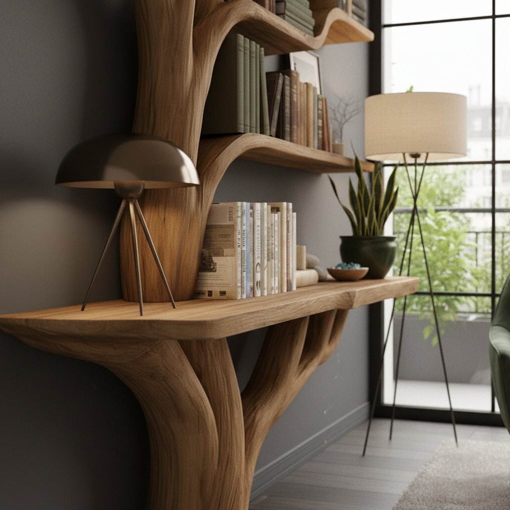 Solid Wood Console Table Tree-Trunk Base with Branching Supports for Living Room