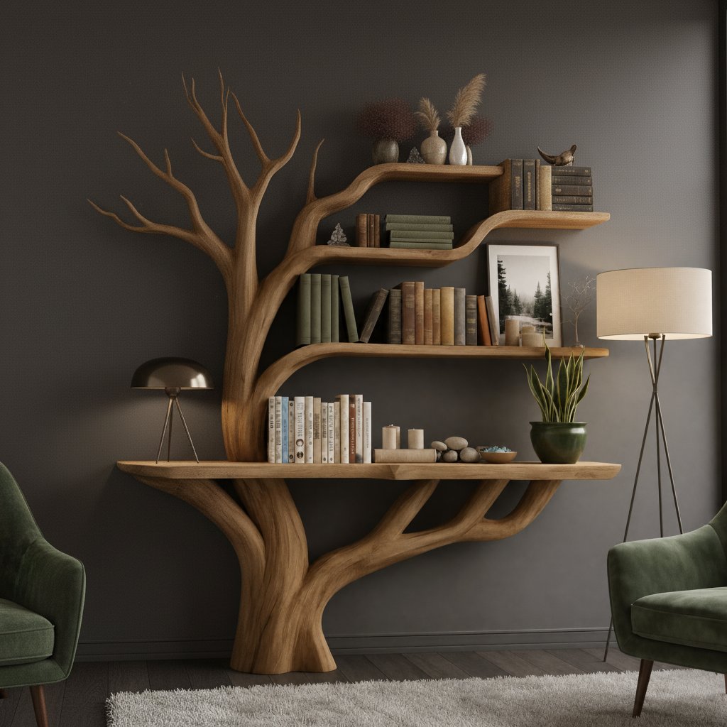 Solid Wood Console Table Tree-Trunk Base with Branching Supports for Living Room