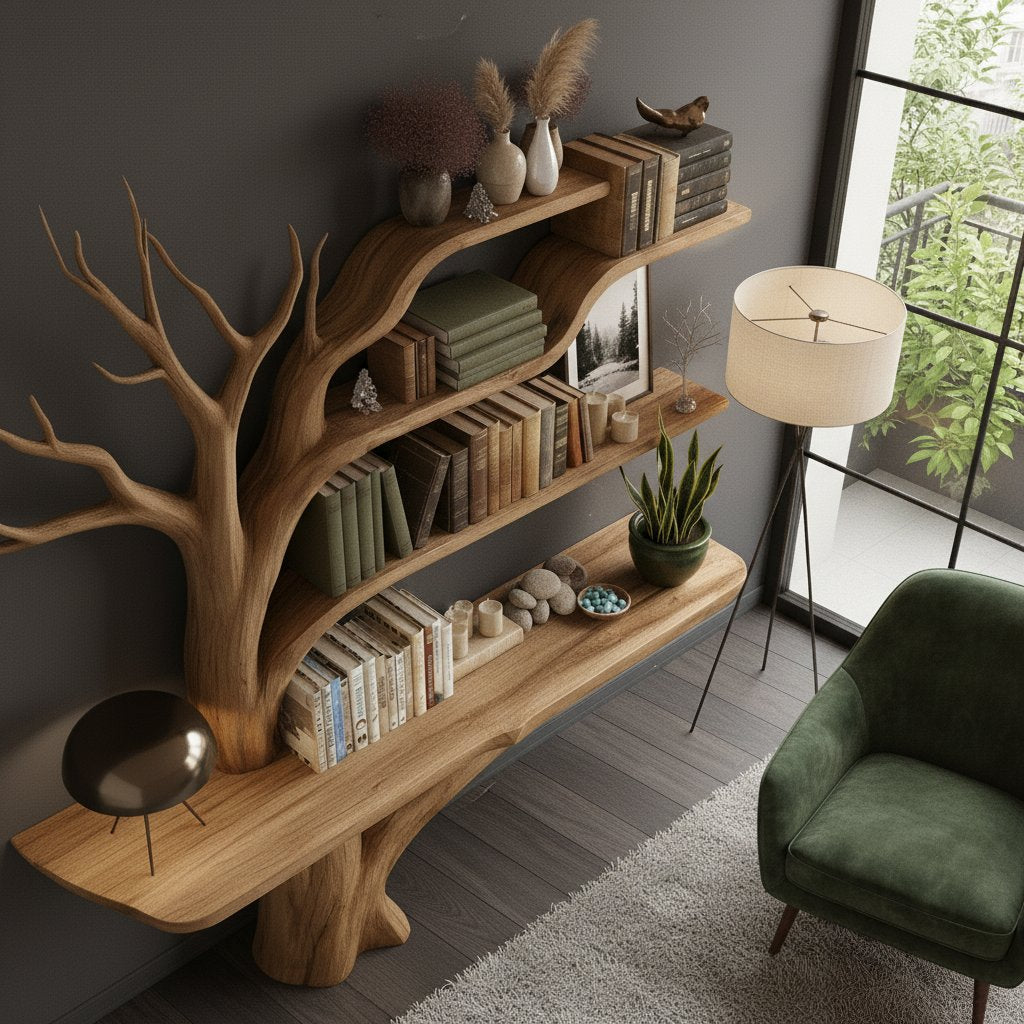 Solid Wood Console Table Tree-Trunk Base with Branching Supports for Living Room