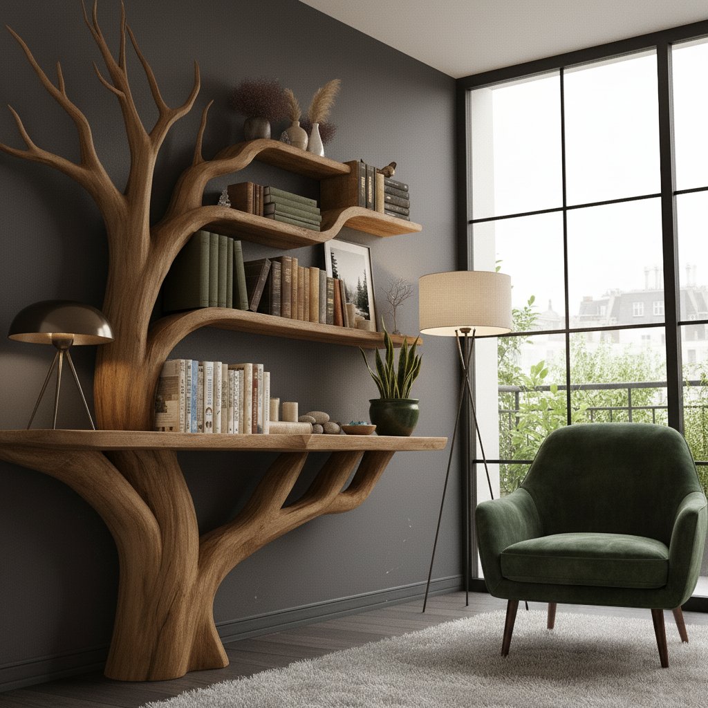 Solid Wood Console Table Tree-Trunk Base with Branching Supports for Living Room