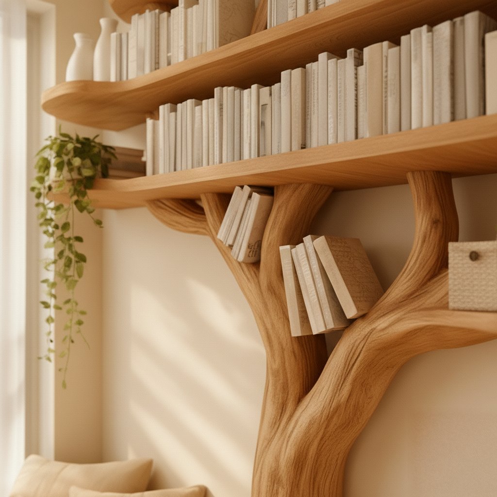 Solid Wood Bookshelf Tree-Branch Form Wall Shelf for Living Room Study