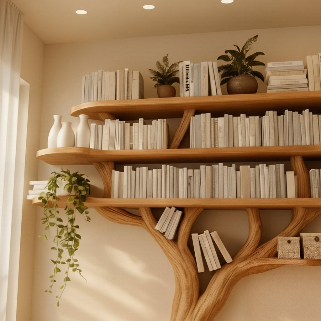 Solid Wood Bookshelf Tree-Branch Form Wall Shelf for Living Room Study
