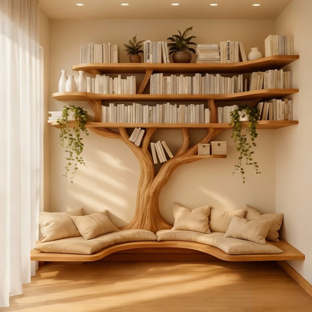 Solid Wood Bookshelf Tree-Branch Form Wall Shelf for Living Room Study