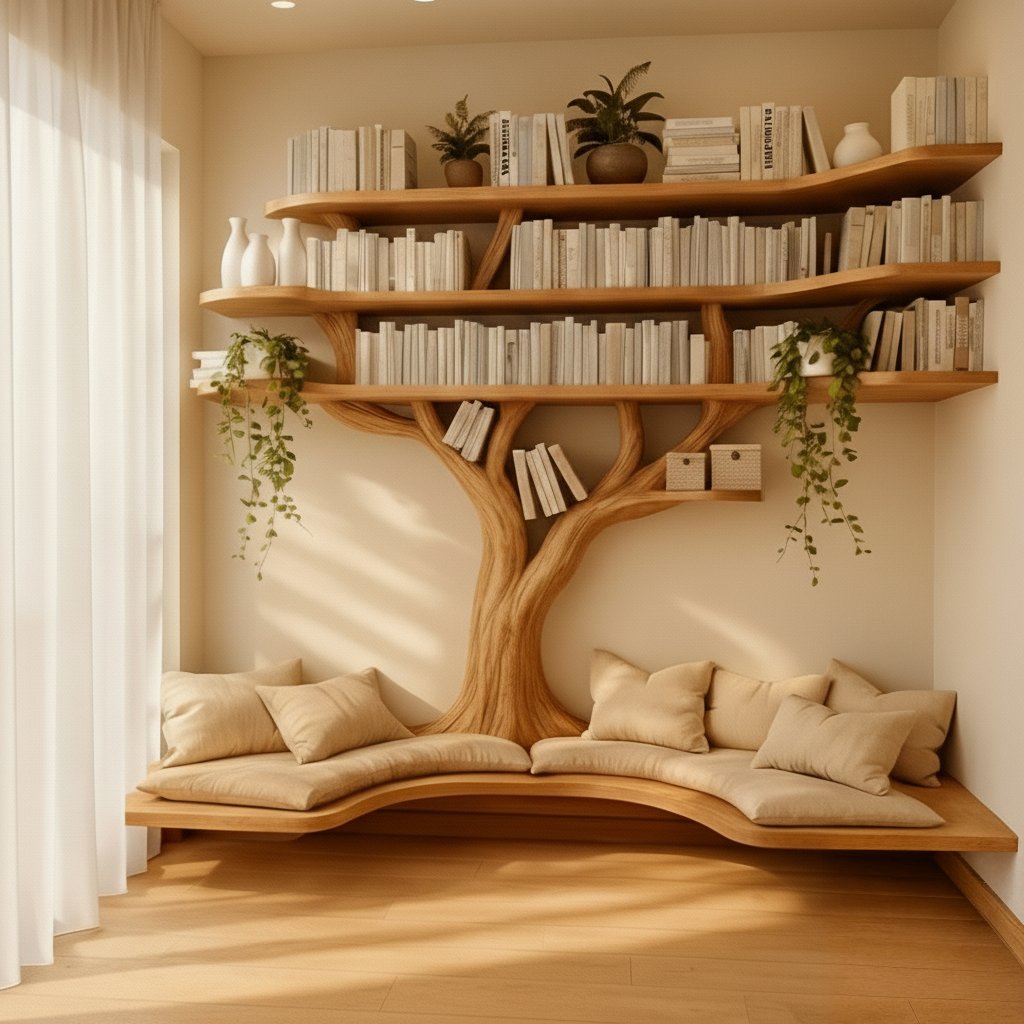 Solid Wood Bookshelf Tree-Branch Form Wall Shelf for Living Room Study