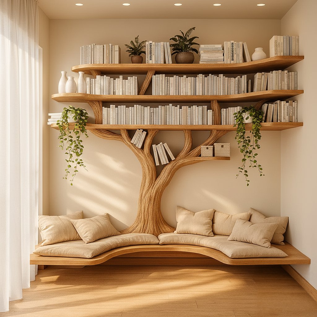Solid Wood Bookshelf Tree-Branch Form Wall Shelf for Living Room Study