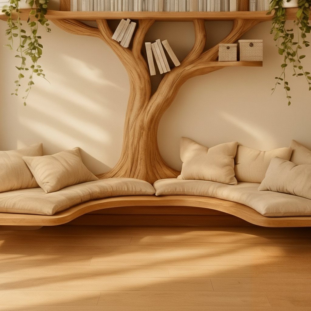 Solid Wood Bookshelf Tree-Branch Form Wall Shelf for Living Room Study