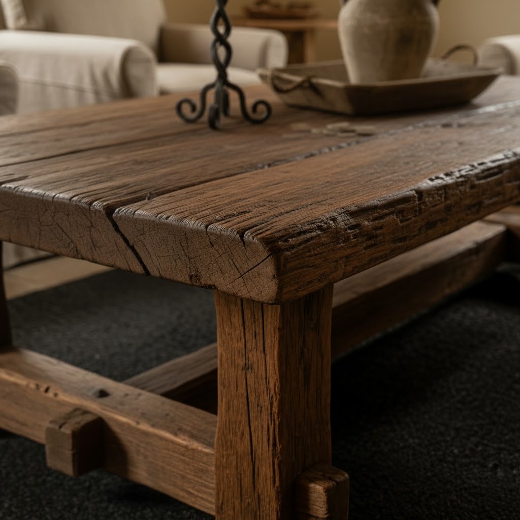 Solid Wood Coffee Table Reclaimed Rustic Plank with Chunky Trestle Legs for Living Room