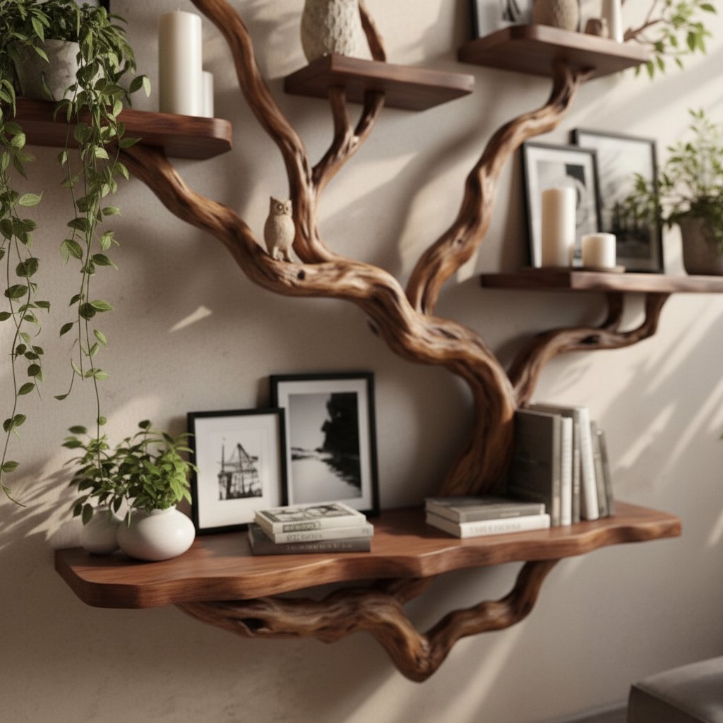 Solid Wood Wall Shelf Driftwood Root Branching Floating Shelves for Living Room