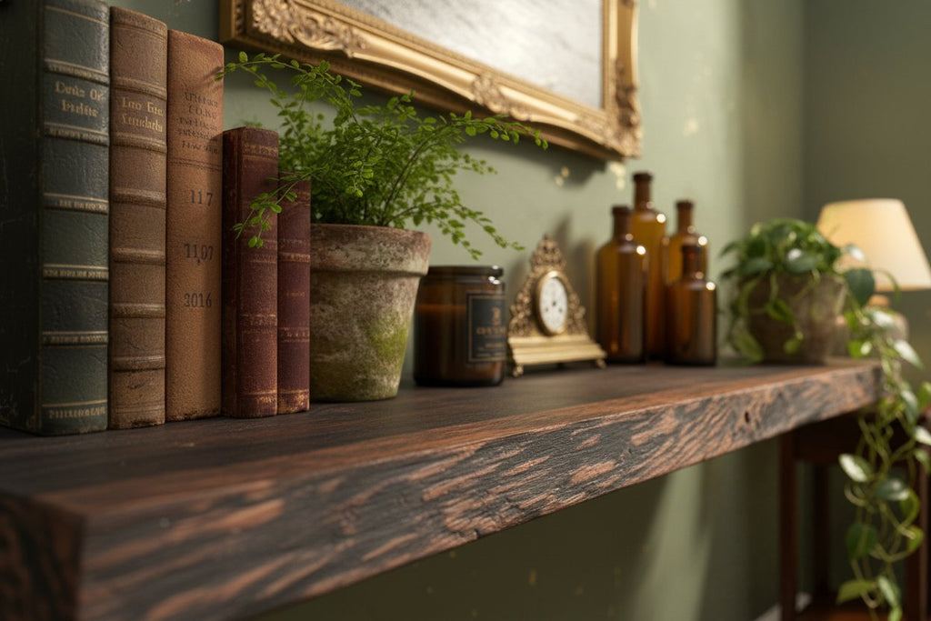 Solid Wood Wall Shelf Floating Live-Edge Dark Grain Ledge for Living Room