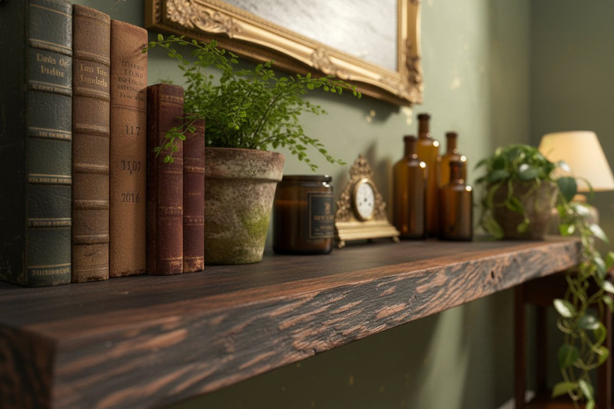 Solid Wood Wall Shelf Floating Live-Edge Dark Grain Ledge for Living Room