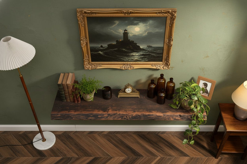 Solid Wood Wall Shelf Floating Live-Edge Dark Grain Ledge for Living Room