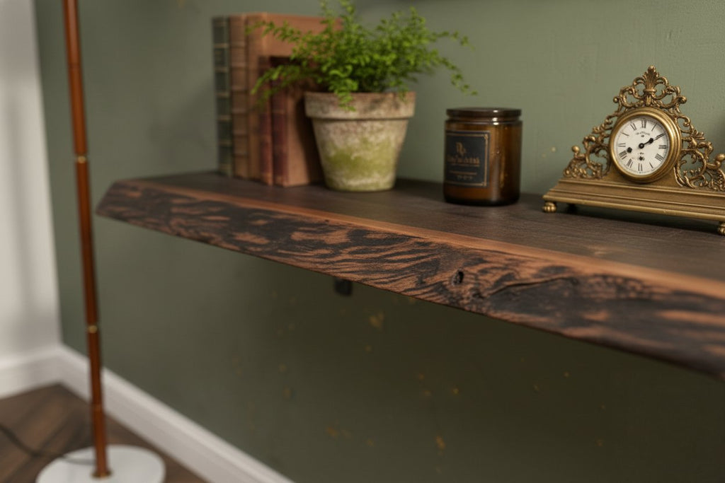 Solid Wood Wall Shelf Floating Live-Edge Dark Grain Ledge for Living Room