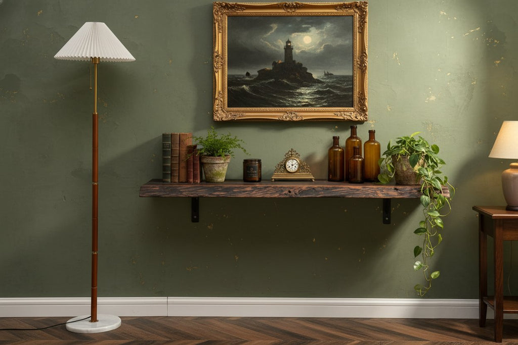 Solid Wood Wall Shelf Floating Live-Edge Dark Grain Ledge for Living Room