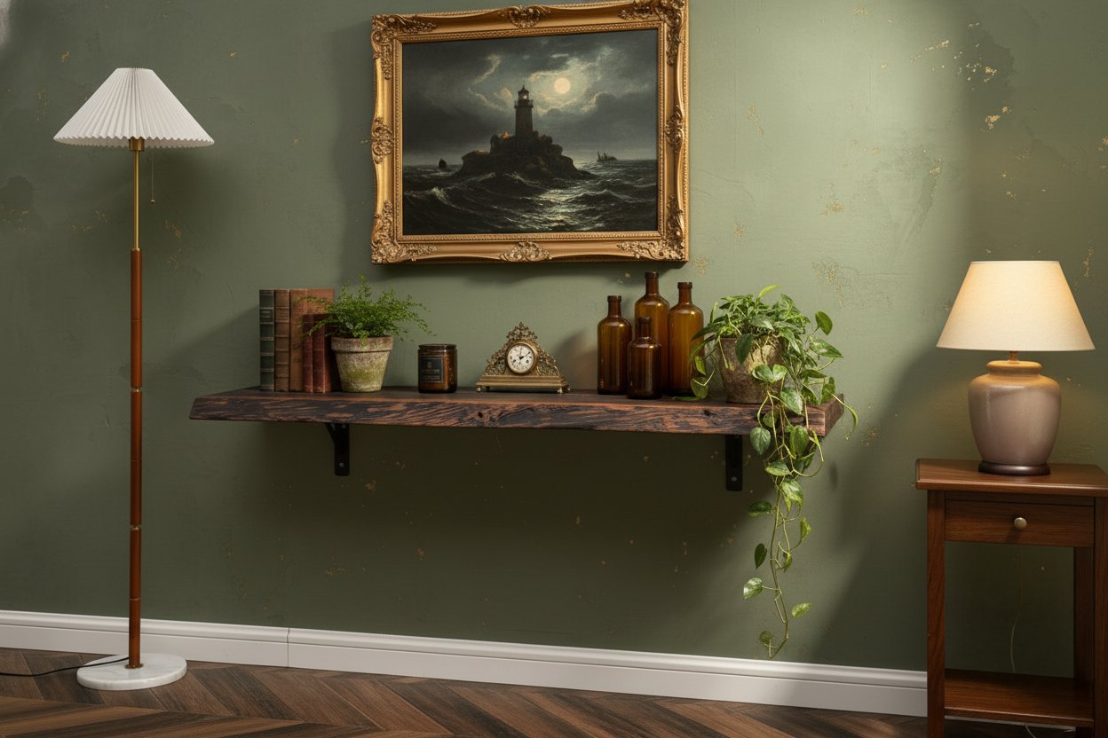 Solid Wood Wall Shelf Floating Live-Edge Dark Grain Ledge for Living Room
