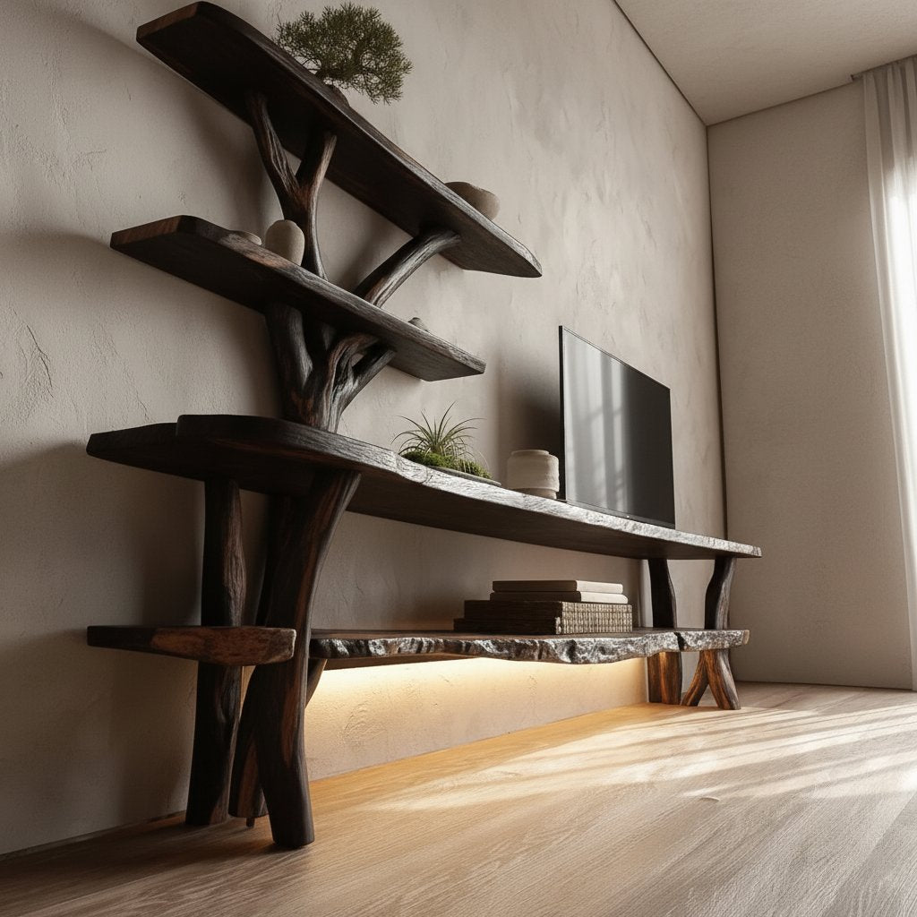 Solid Wood TV Stand Cantilevered Sculptural Live-Edge Tiers for Living Room