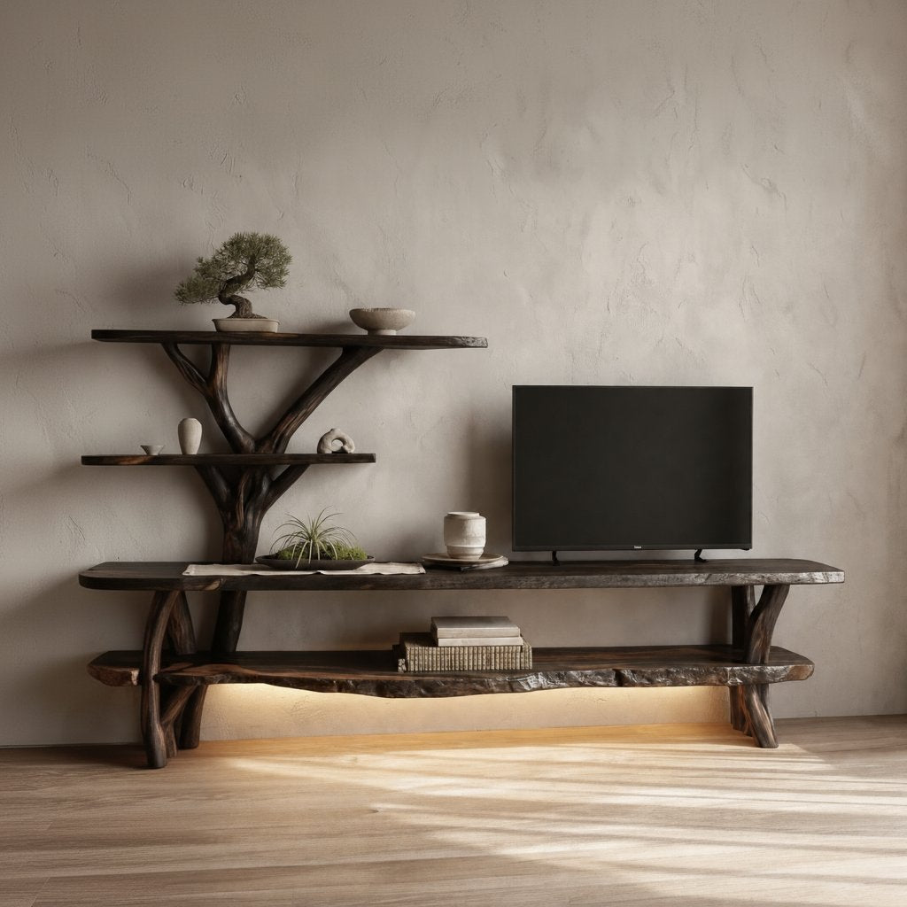 Solid Wood TV Stand Cantilevered Sculptural Live-Edge Tiers for Living Room