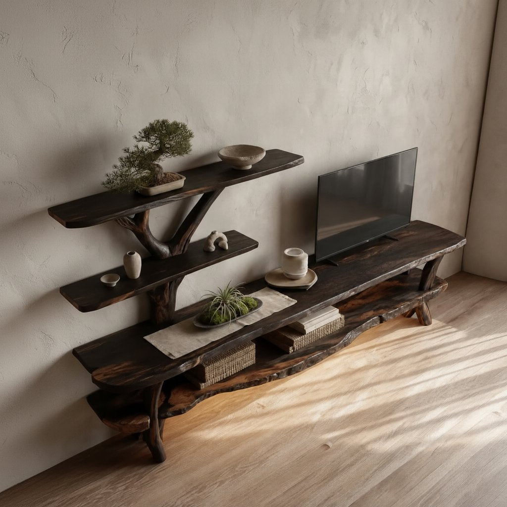 Solid Wood TV Stand Cantilevered Sculptural Live-Edge Tiers for Living Room