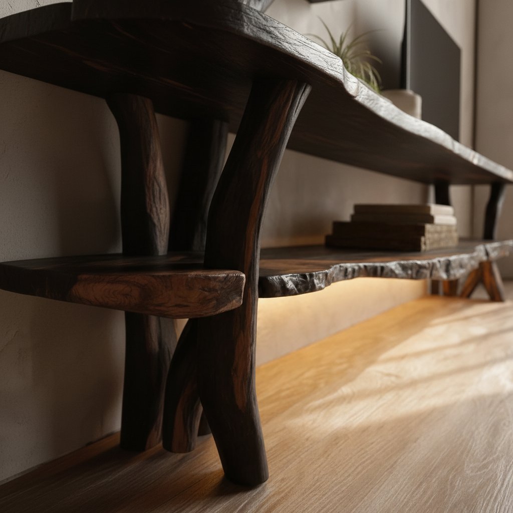 Solid Wood TV Stand Cantilevered Sculptural Live-Edge Tiers for Living Room