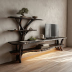 Solid Wood TV Stand Cantilevered Sculptural Live-Edge Tiers for Living Room