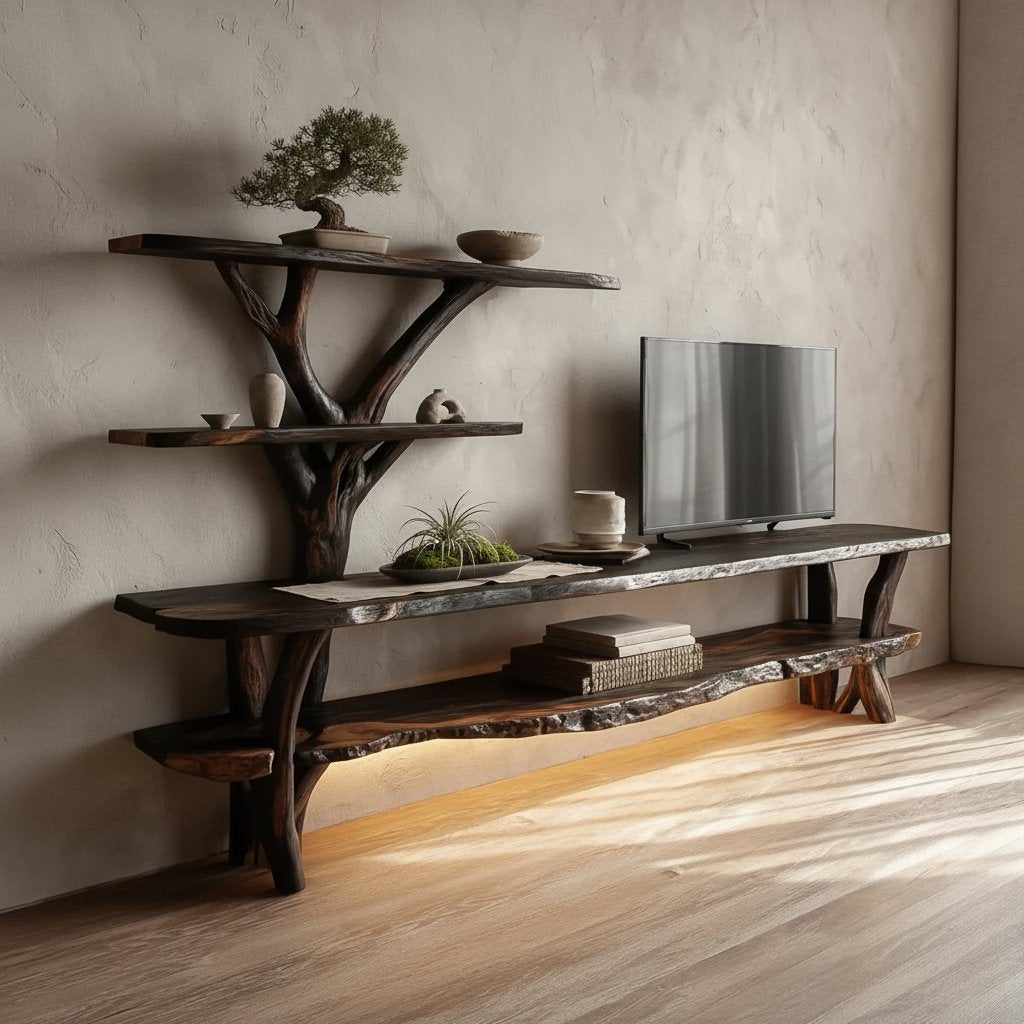 Solid Wood TV Stand Cantilevered Sculptural Live-Edge Tiers for Living Room