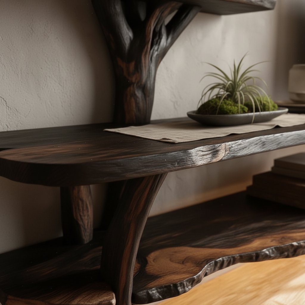 Solid Wood TV Stand Cantilevered Sculptural Live-Edge Tiers for Living Room
