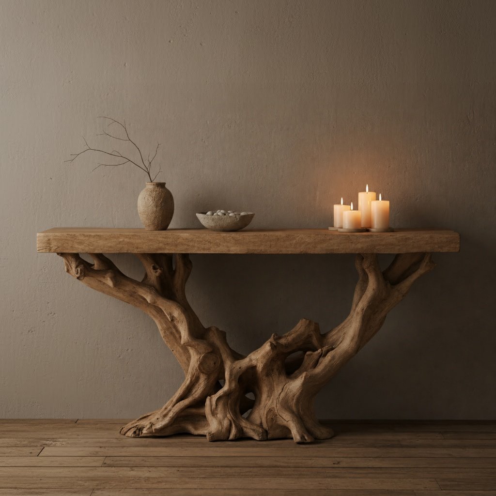 Solid Wood Console Table Gnarled Root Driftwood Base Live-Edge Top for Entryway