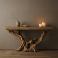 Solid Wood Console Table Gnarled Root Driftwood Base Live-Edge Top for Entryway